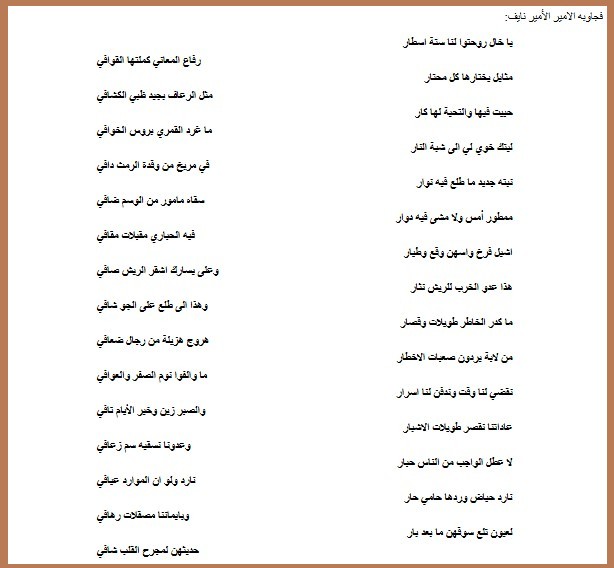 مساجلة نادرة بين الأمير نايف والأمير محمد السديري السديري: قلب عن الشدات يامير صبار الأمير نايف: نارد ولو إن الموارد عيافي